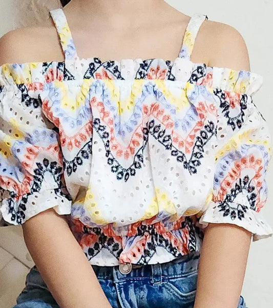 Girl’s rainbow multicolored boho lace shoulder ruffle crop top