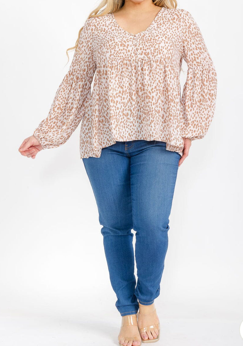 PLUS SIZE LONG SLEEVE V-NECK TUNIC ANIMAL PRINT BLOUSE