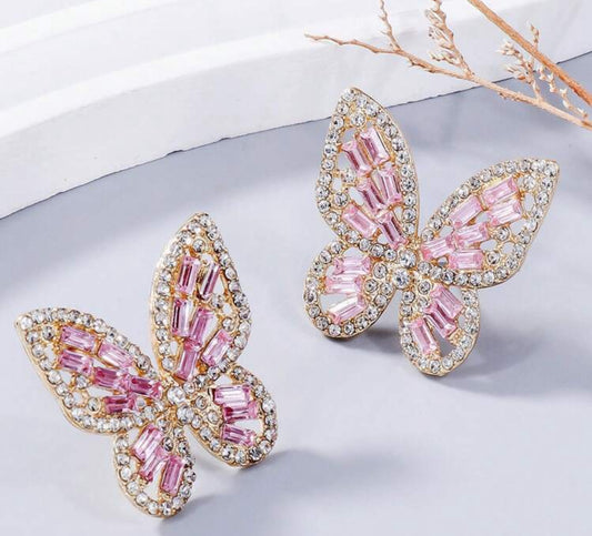 Pink rhinestone butterfly earrings