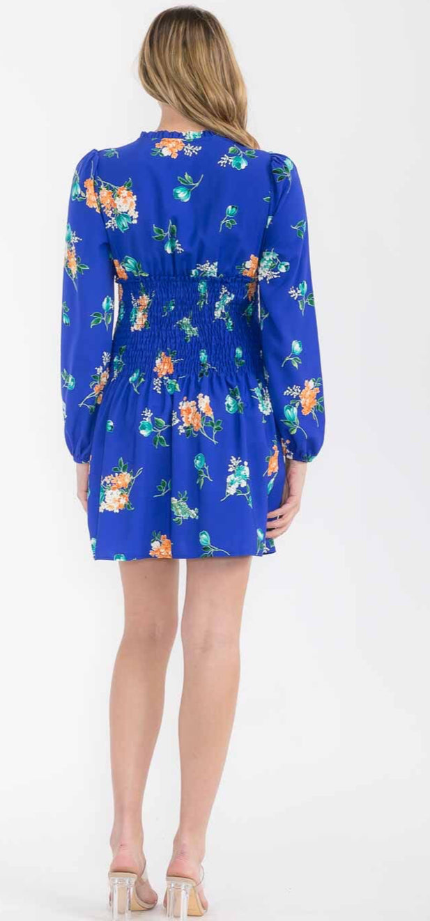 WOMEN'S LONG SLEEVE V-NECK SMOCK FLORAL MINI DRESS BLUE
