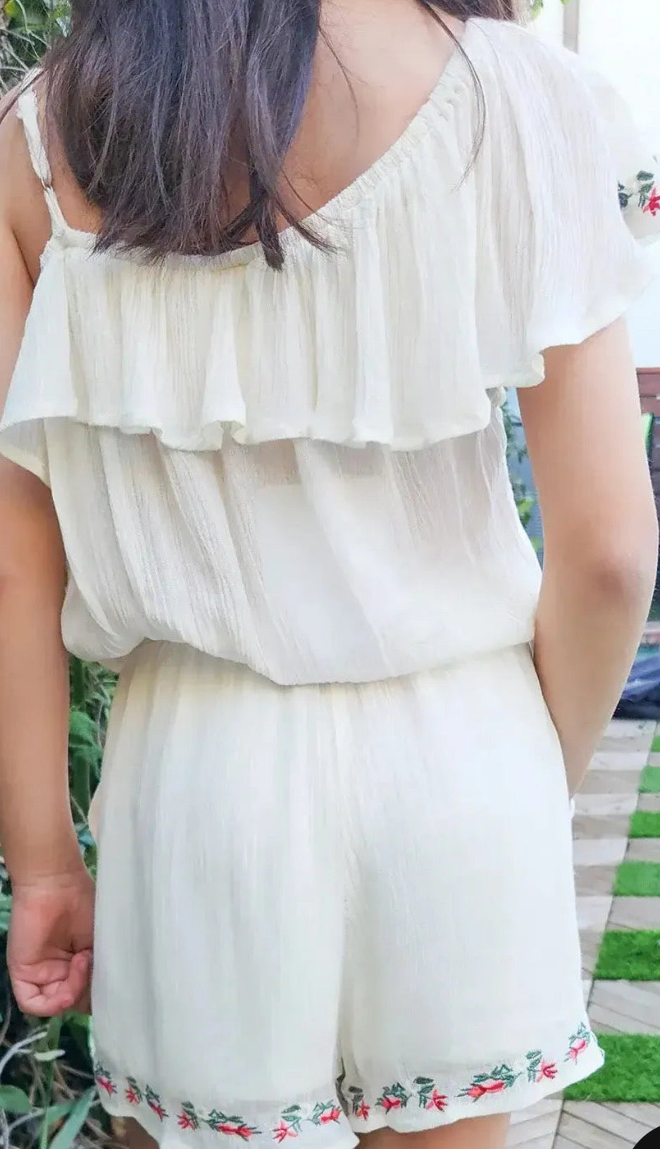 Girls ivory floral ruffle embroidered shoulder romper