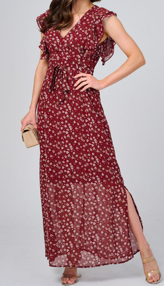 WOMEN'S RUFFLE SLEEVE V-NECK SELF TIE OPEN BACK FLORAL MAXI DRESS
Burgandy