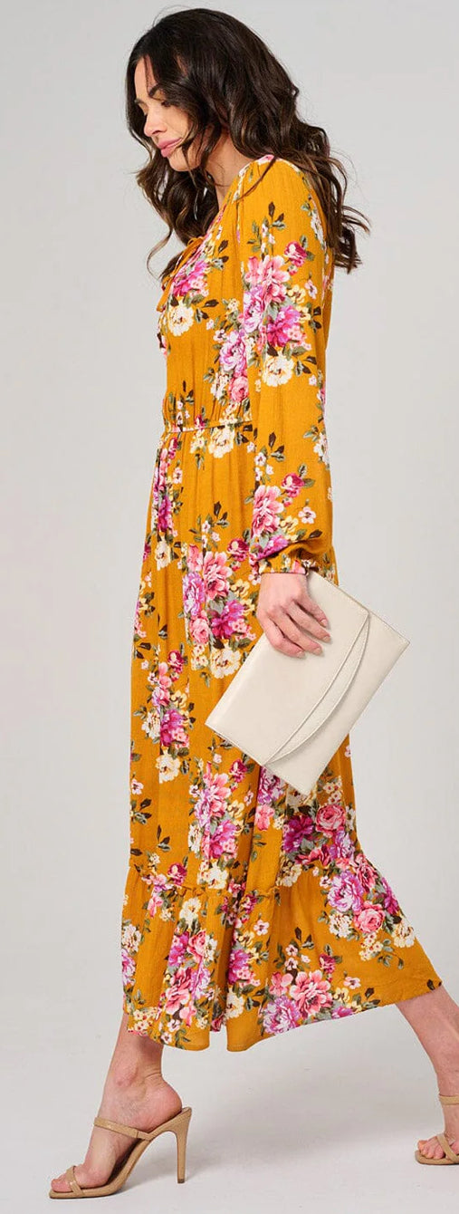 WOMEN'S LONG SLEEVE ELASTIC WAIST FLORAL MAXI DRESS