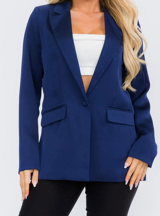 WOMEN'S LONG SLEEVE BUTTON CLOSURE POCKETS SATIN BLAZER, NAVY
