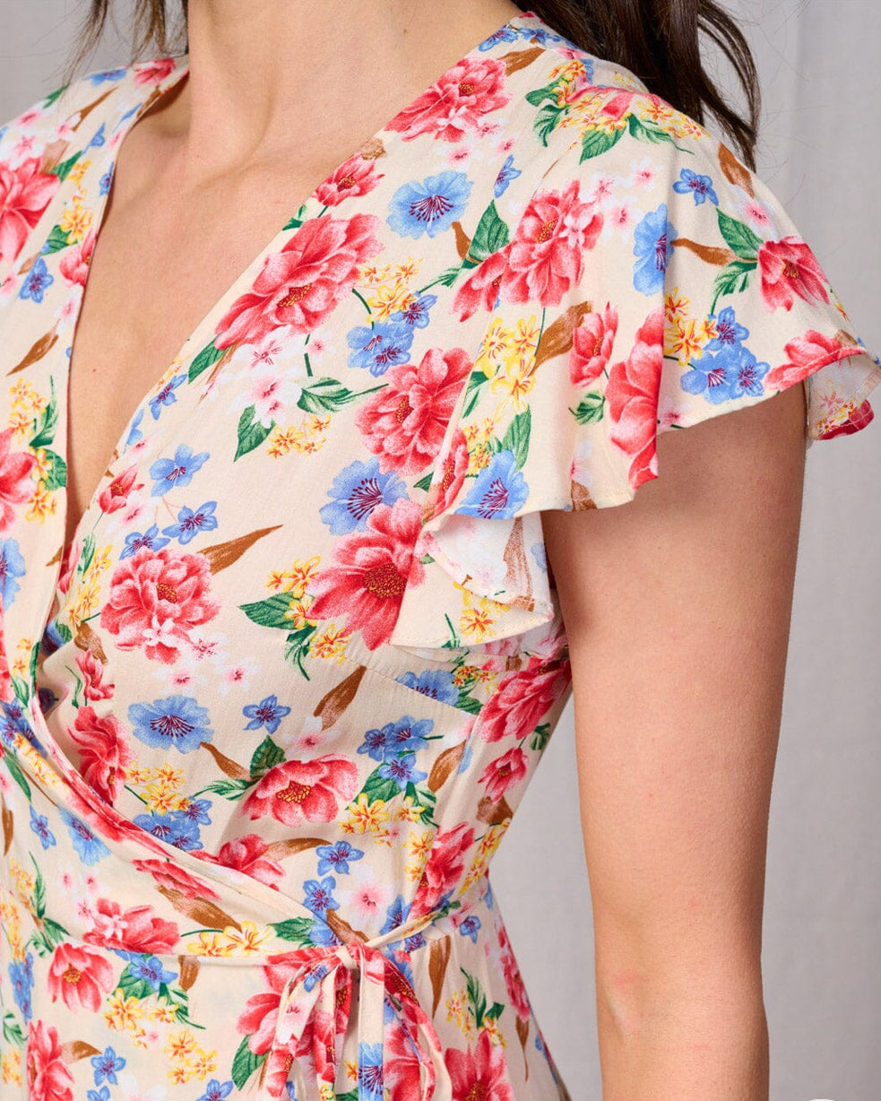 WOMEN'S SHORT SLEEVES SELF TIE HIGH-LOW FLORAL WRAP MAXI DRESS