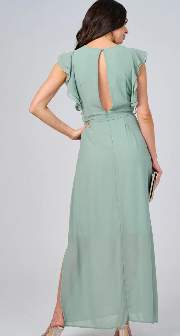 WOMEN'S RUFFLE SLEEVE V-NECK SELF TIE OPEN BACK MAXI DRESS, SAGE