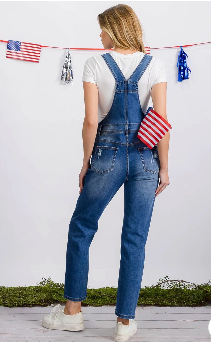 WOMEN'S BUTTON CLOSURE POCKETS DISTRESS DENIM OVERALL