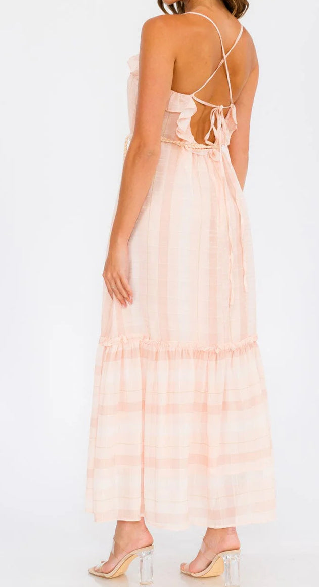 WOMEN'S SLEEVELESS OPEN BACK RUFFLE TIERED STRIPES MAXI DRESS