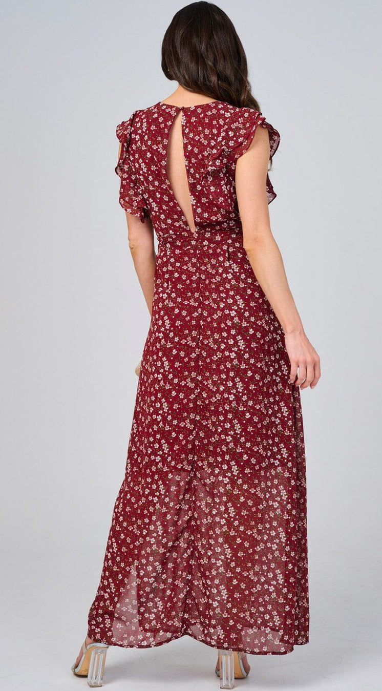 WOMEN'S RUFFLE SLEEVE V-NECK SELF TIE OPEN BACK FLORAL MAXI DRESS
Burgandy