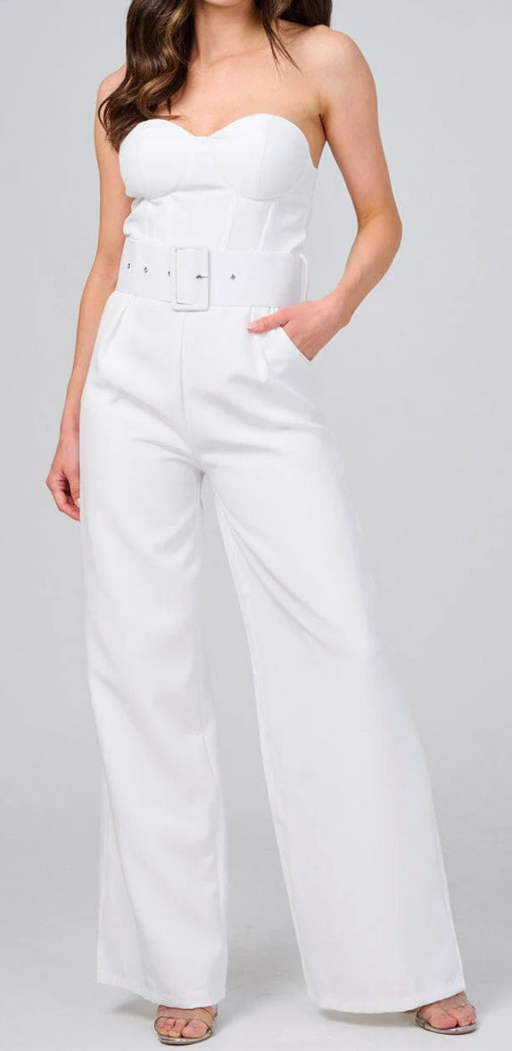 Women’s sleeveless front pocket belted wide leg jumpsuit