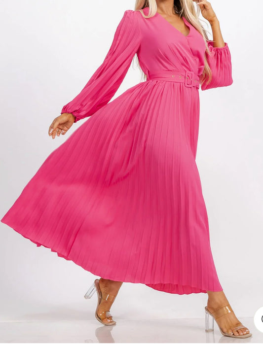 WOMEN'S LONG SLEEVE OPEN BACK SURPLICE BELTED PLEATED MAXI DRESS
