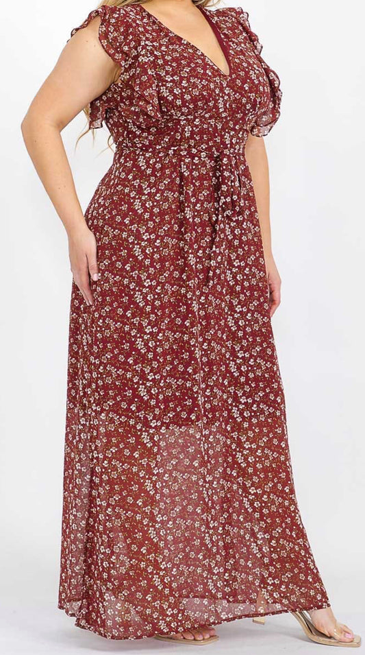 PLUS SIZE RUFFLE SLEEVE V-NECK OPEN BACK FLORAL MAXI DRESS, BURGUNDY