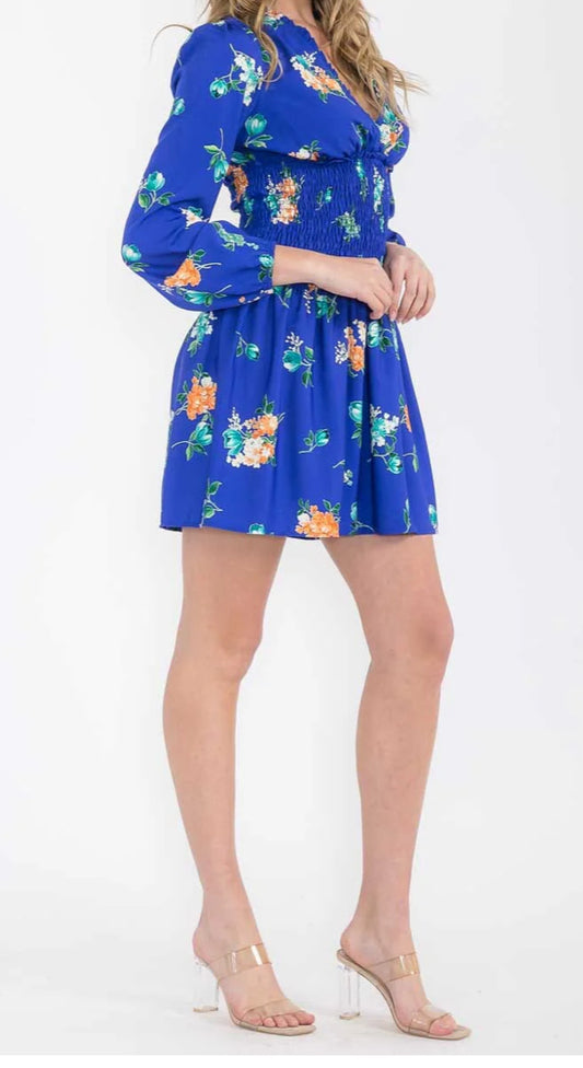 WOMEN'S LONG SLEEVE V-NECK SMOCK FLORAL MINI DRESS BLUE