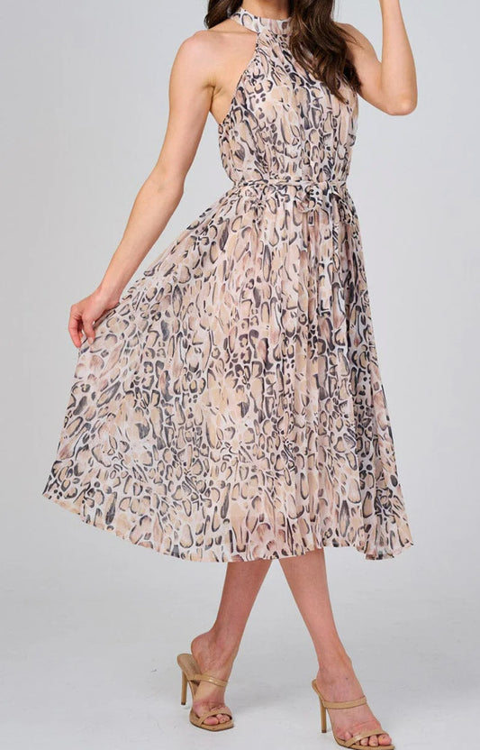 WOMEN'S SLEEVELESS HALTER NECK SELF TIE ANIMAL PRINT MIDI DRESS