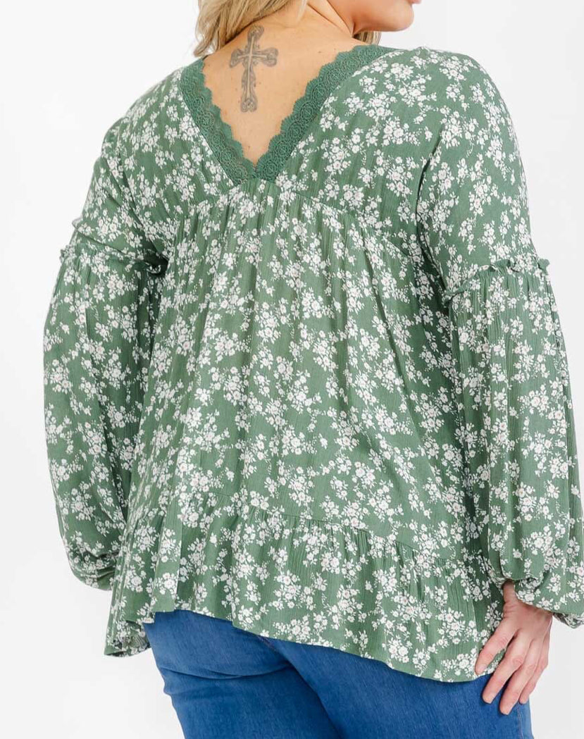 PLUS SIZE LONG SLEEVE V-NECK TRIM DETAILED FLORAL TUNIC BLOUSE