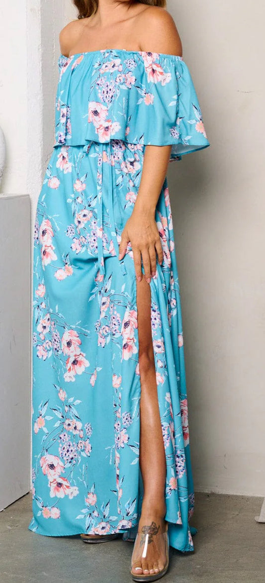 WOMEN'S OFF SHOULDER FRONT SLIT FLORAL MAXI DRESS