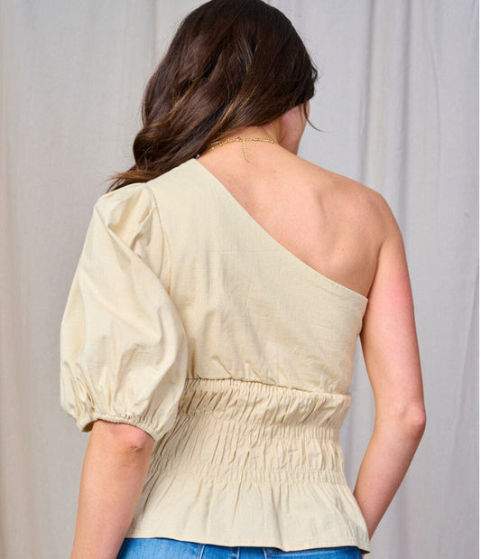 WOMEN'S ONE SHOULDER SMOCK WAIST TOP