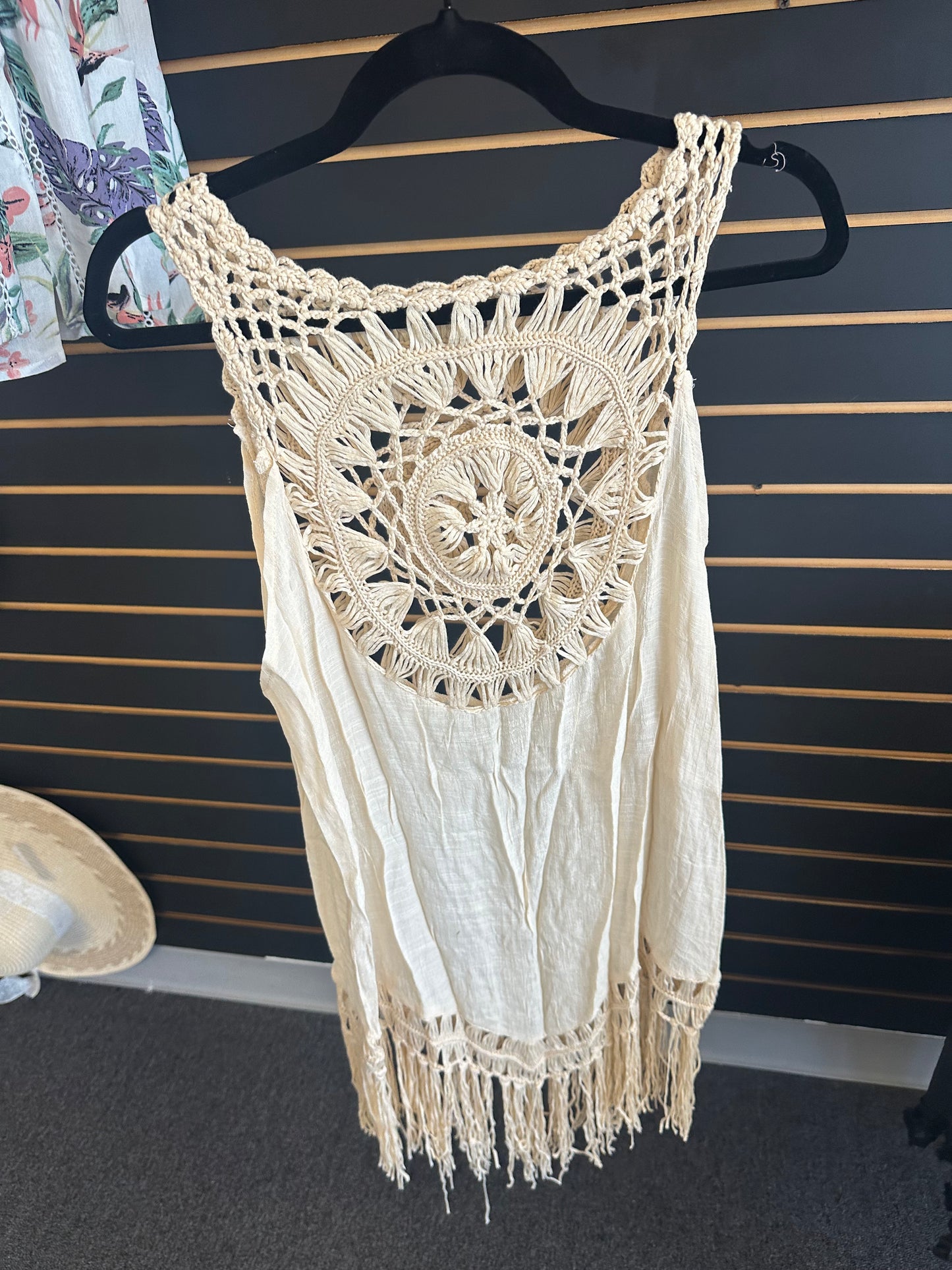 White, black and beige sleeveless embroidered swimsuit covers