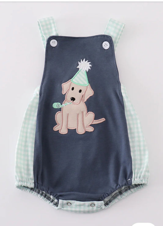 Navy puppy birthday boy romper