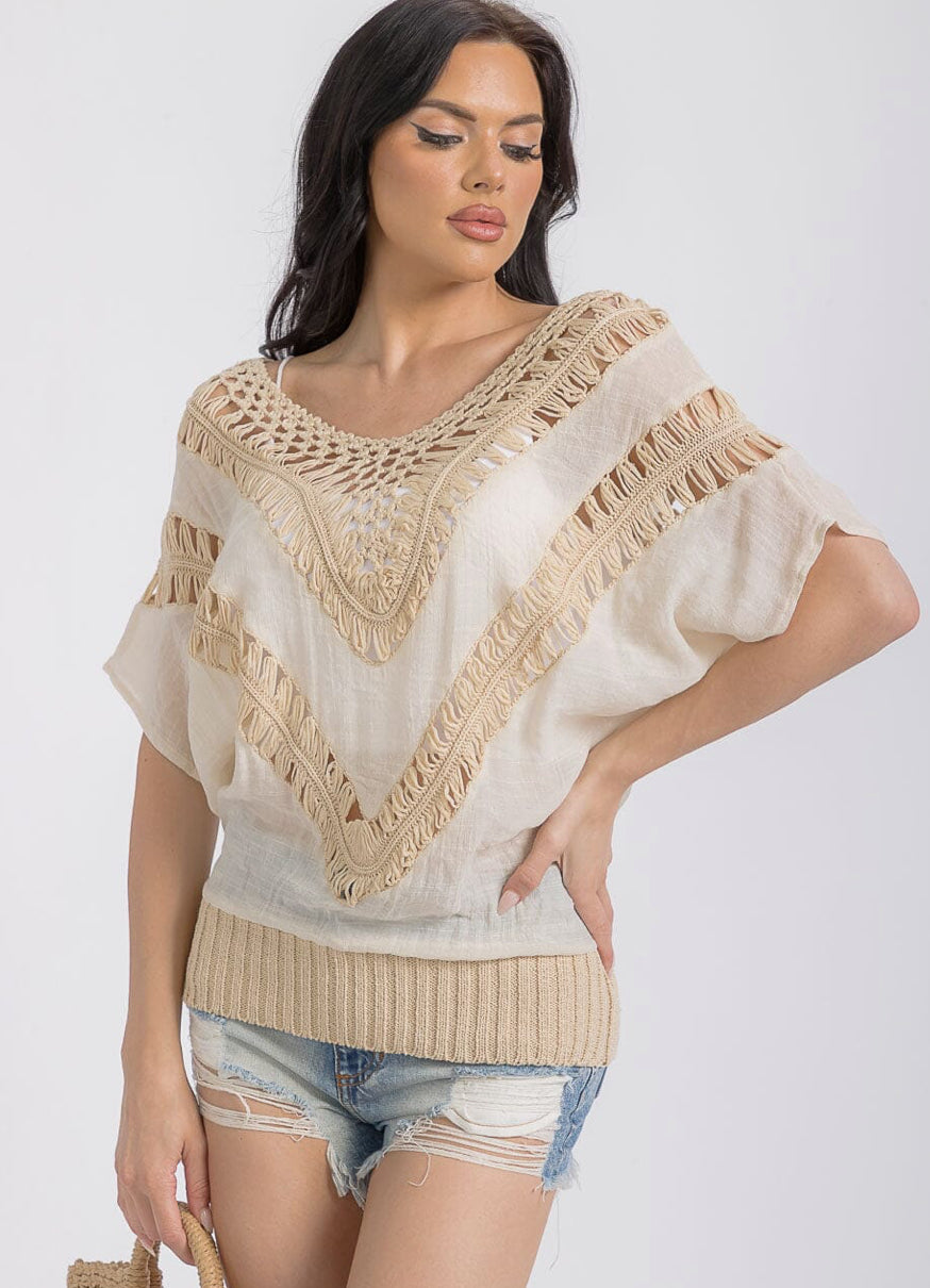 WOMEN'S SHORT SLEEVES KNIT TRIM TUNIC TOP