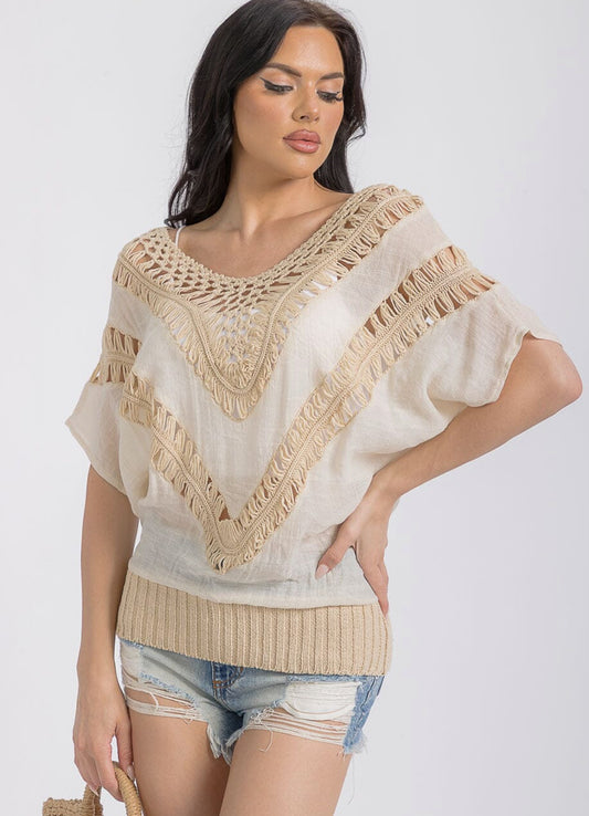 WOMEN'S SHORT SLEEVES KNIT TRIM TUNIC TOP