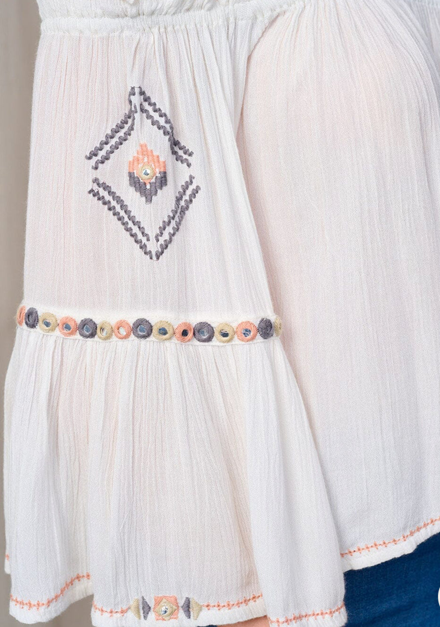WOMEN'S OFF SHOULDER BELL SLEEVE EMBROIDERY TUNIC BLOUSE
