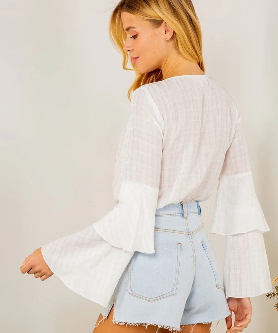 WOMENS LONG RUFFLE RUFFLE SLEEVE BUTTON UP V-NECK BODYSUIT