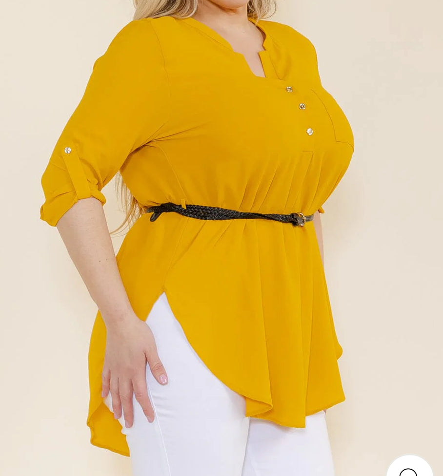 PLUS SIZE 3/4 SLEEVELESS BUTTON UP BELTED TUNIC BLOUSE