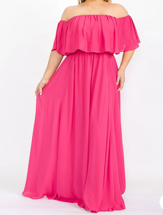 PLUS SIZE SHORT SLEEVE OFF SHOULDER ELASTIC WAIST MAXI DRESS. Fuchsia