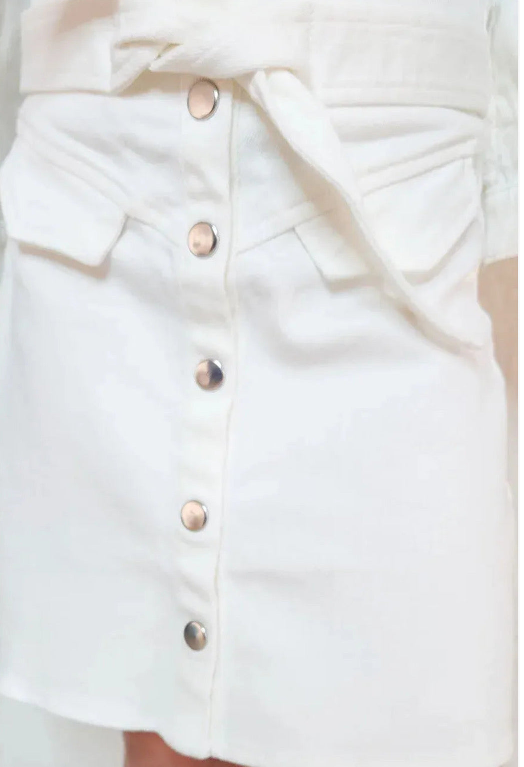 Girls white denim button down belted tie mini skirt