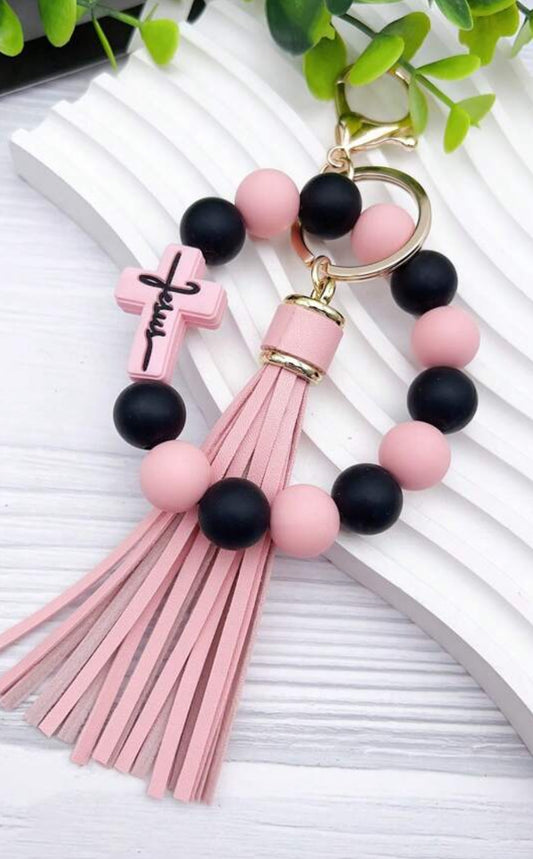 Pink and black tassel keychain