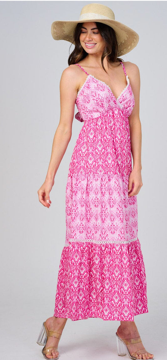 WOMEN'S SLEEVELES SURPLICE OPEN BACK TIERED MULTI PRINT MAXI DRESS