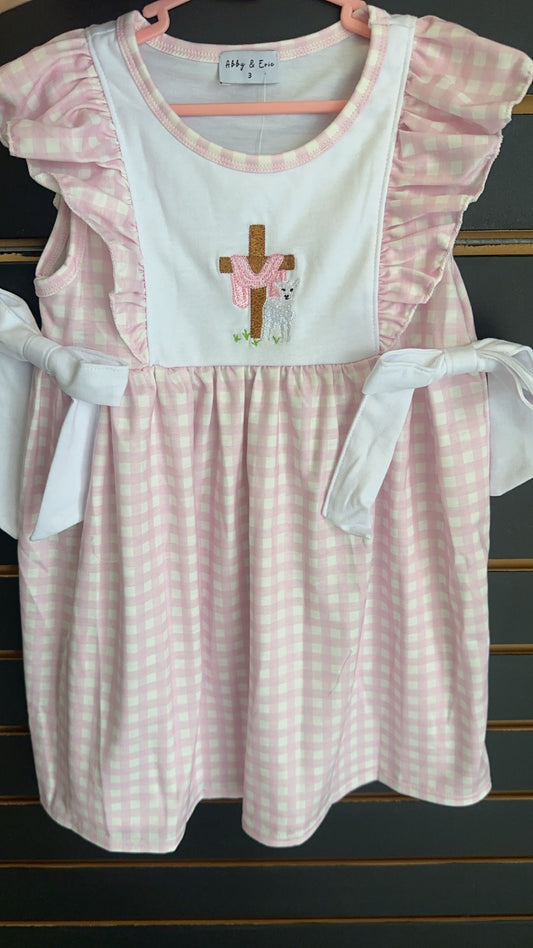 Pink cross and lamb embroidery dress