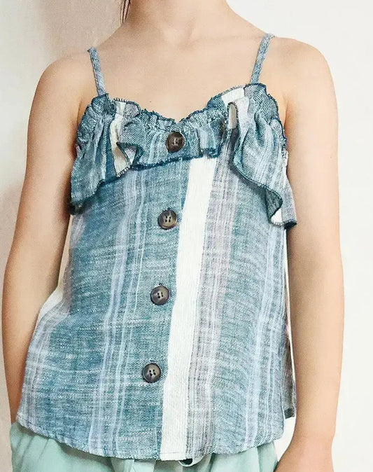 Girls striped sleeveless ruffle button down teal cami top