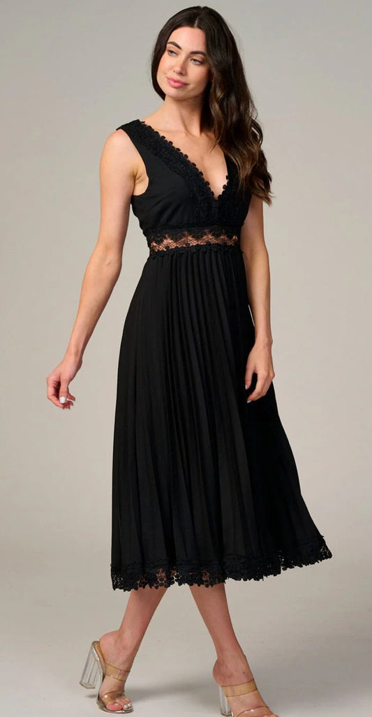 WOMEN'S SLEEVELESS V-NECK TRIM DETAILED PLEATED MAXI DRESS