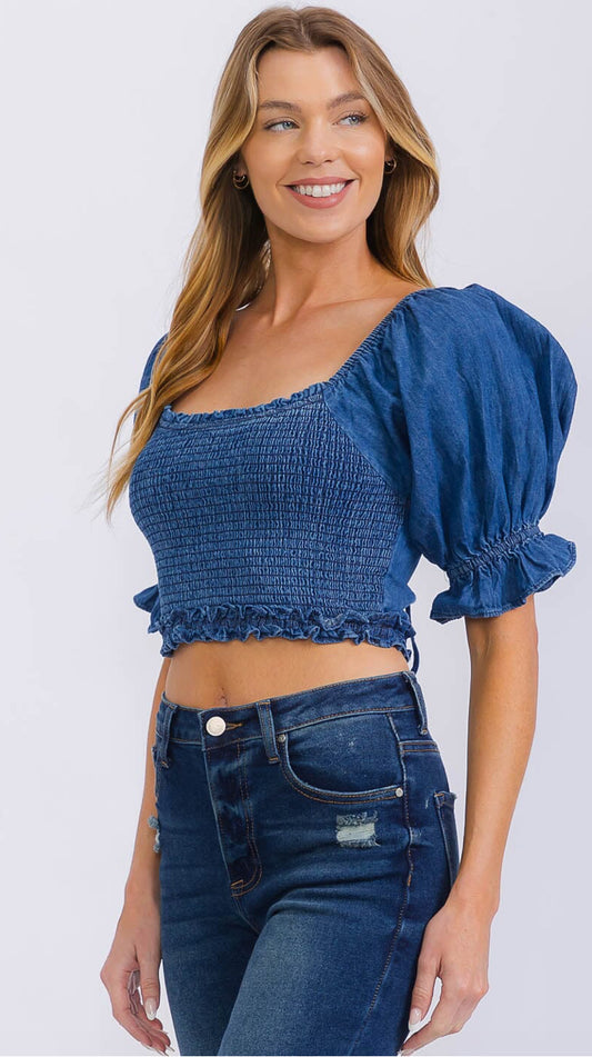 WOMEN'S SHORT PUFF SLEEVE SQUARE NECK SMOCK DENIM CROP TOP