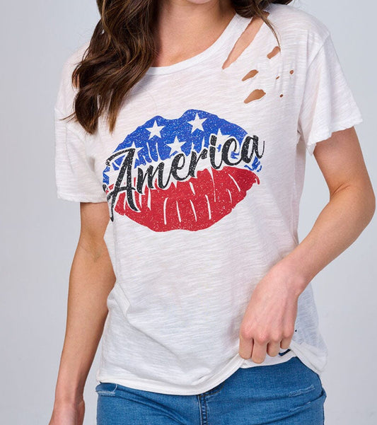 Women’s short sleeve graphic distress top