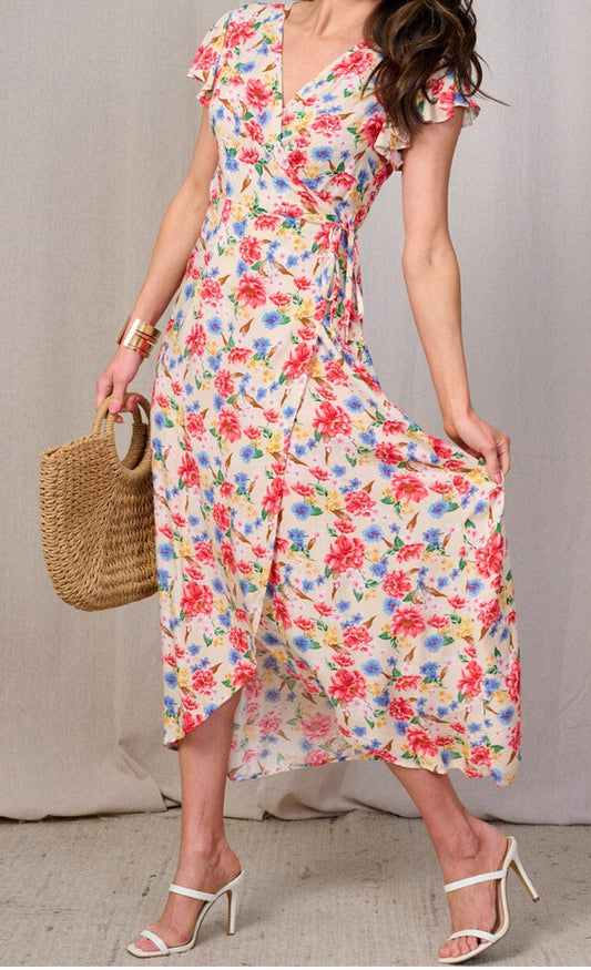 WOMEN'S SHORT SLEEVES SELF TIE HIGH-LOW FLORAL WRAP MAXI DRESS
