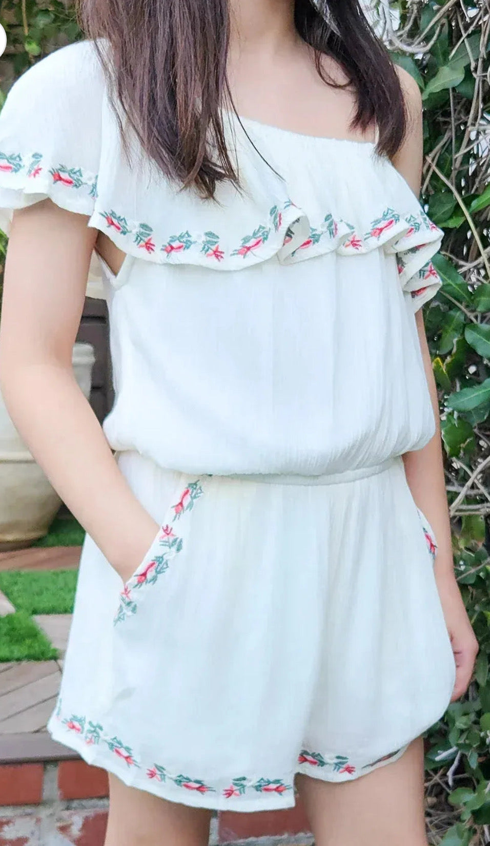 Girls ivory floral ruffle embroidered shoulder romper