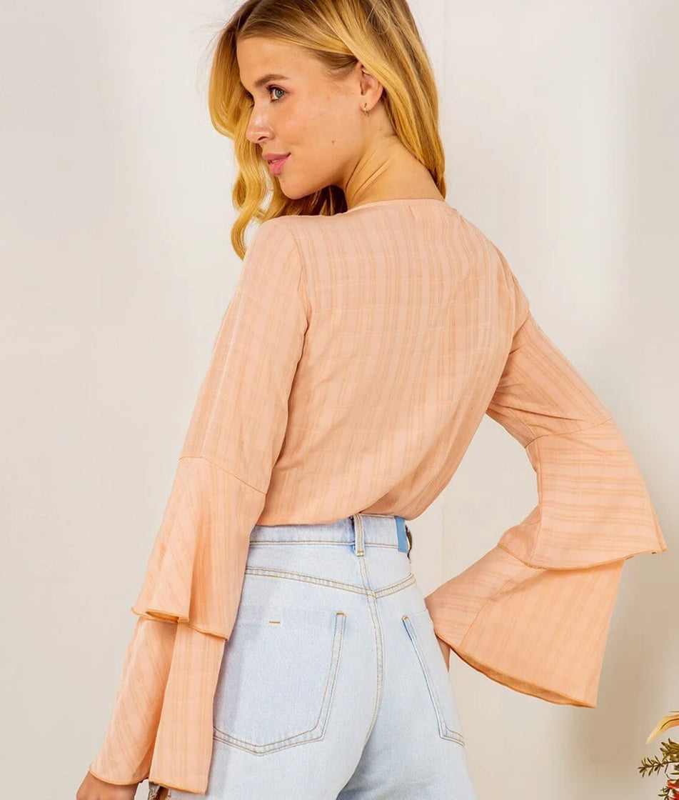 WOMENS LONG RUFFLE RUFFLE SLEEVE BUTTON UP V-NECK BODYSUIT