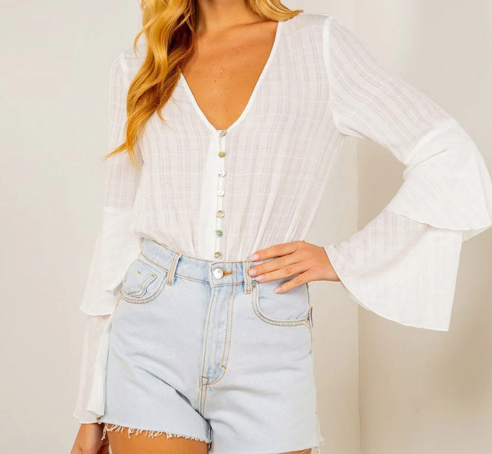 WOMENS LONG RUFFLE RUFFLE SLEEVE BUTTON UP V-NECK BODYSUIT