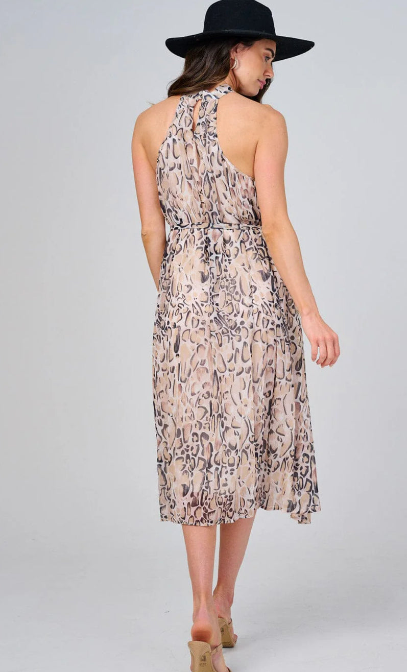 WOMEN'S SLEEVELESS HALTER NECK SELF TIE ANIMAL PRINT MIDI DRESS