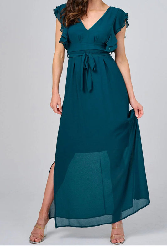 WOMEN'S RUFFLE SLEEVE V-NECK SELF TIE OPEN BACK MAXI DRESS, TEAL