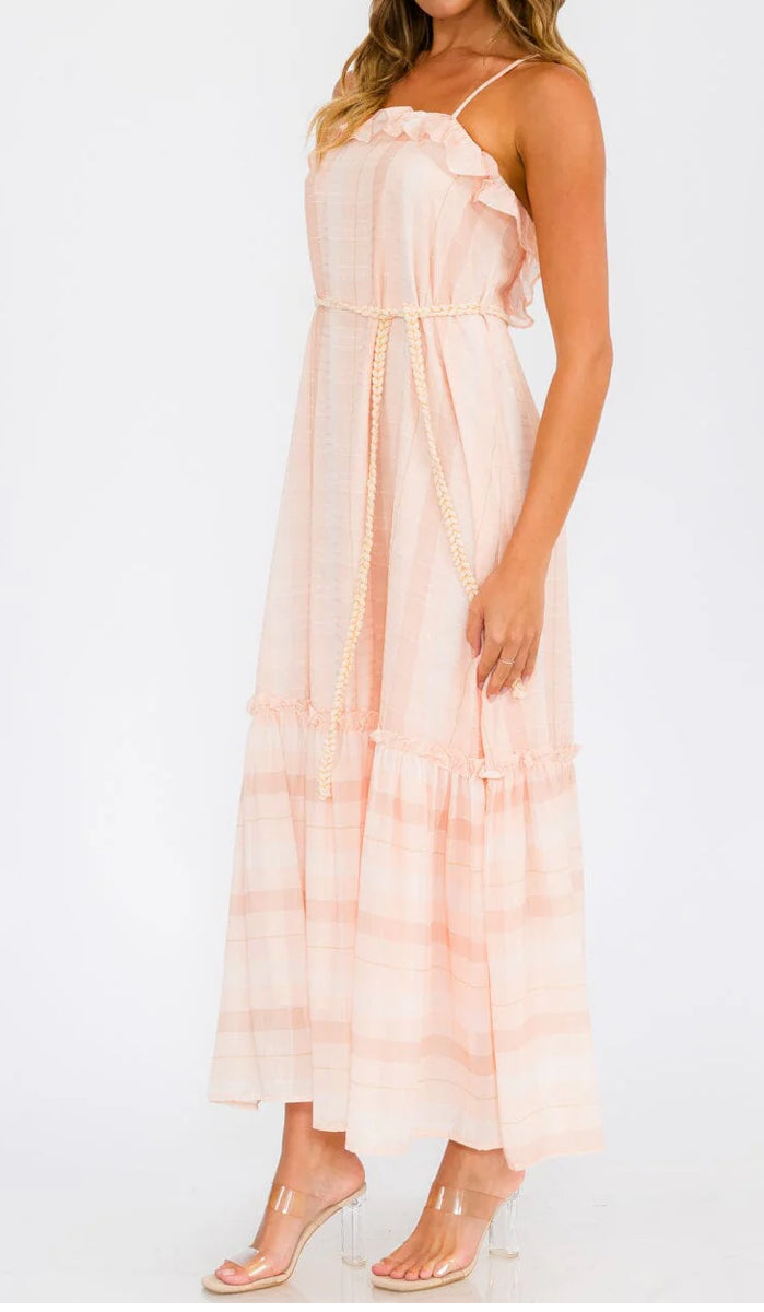 WOMEN'S SLEEVELESS OPEN BACK RUFFLE TIERED STRIPES MAXI DRESS