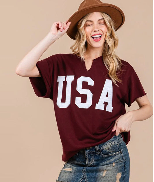 WOMEN'S SHORT SLEEVE V-NECK USA GRAPHIC COLORBLOCK TOP