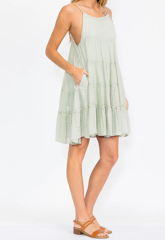 Women’s sleeveless adjustable dress  straps tiered tunic, sage