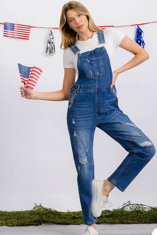 WOMEN'S BUTTON CLOSURE POCKETS DISTRESS DENIM OVERALL