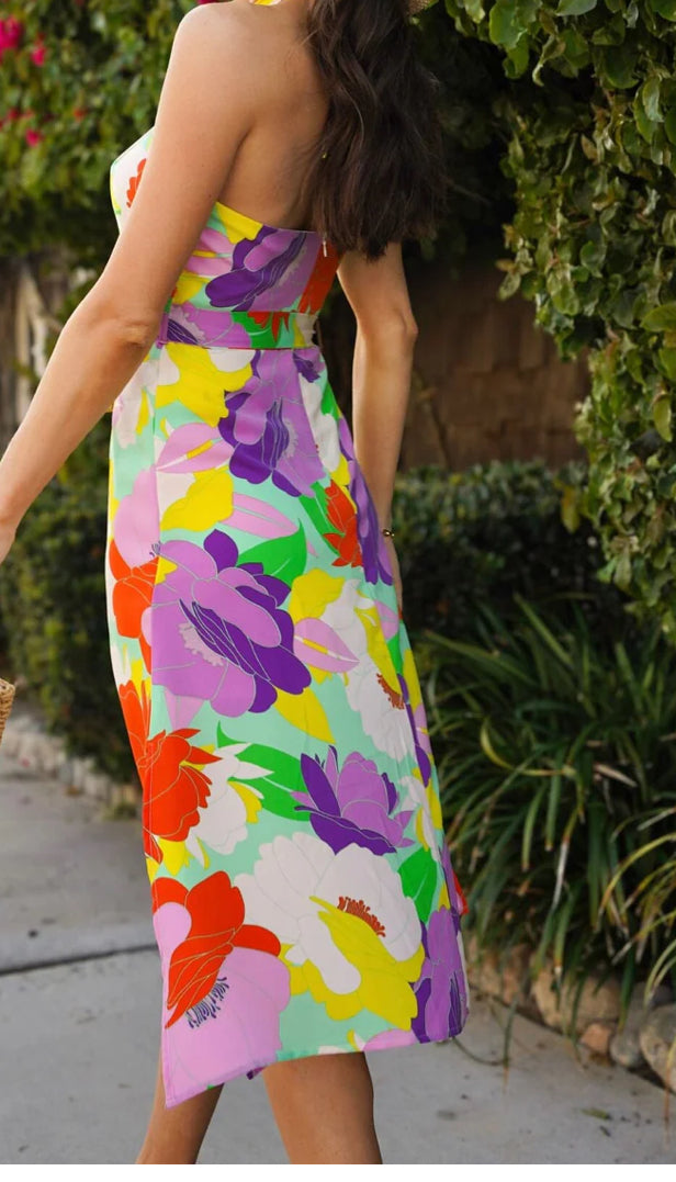 WOMEN'S SLEEVELESS HALTER NECK FLORAL MIDI DRESS