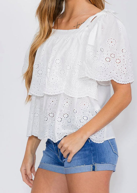 Women’s short ruffle sleeve blouse, ivory