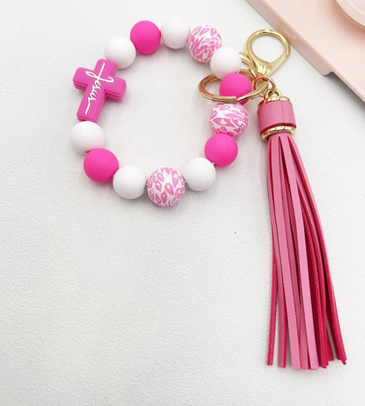 Pink and white tassel keychain